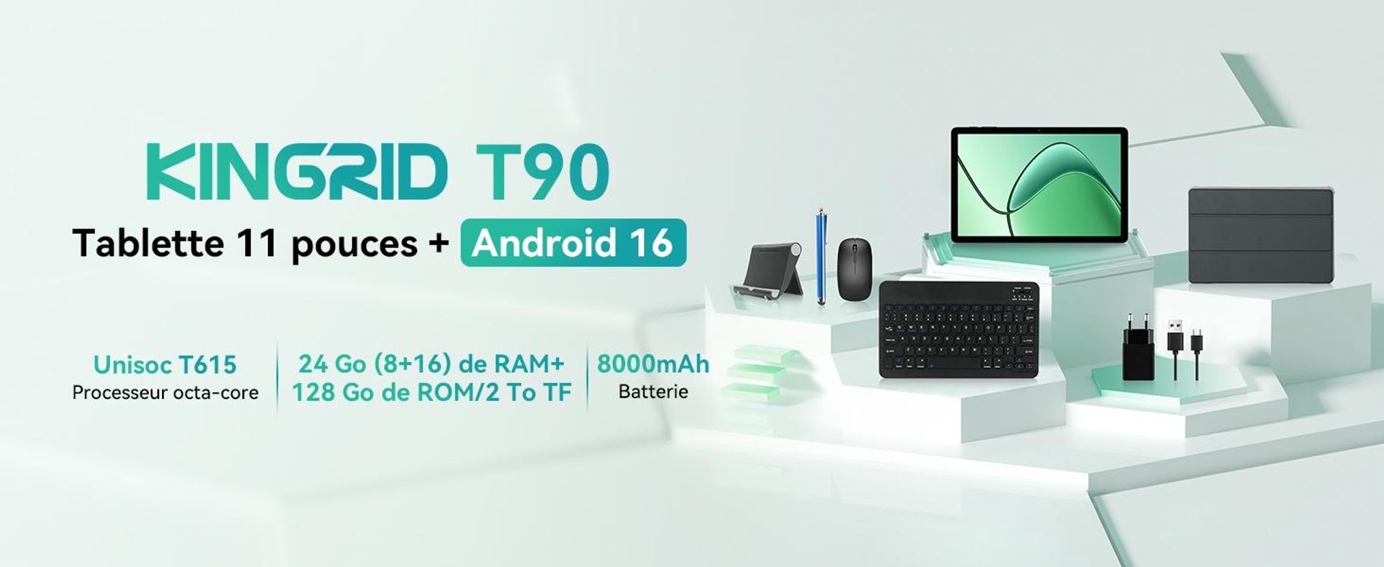 KINGRID T90 Tablet 11 pouces, Android 16,24GB(8+16)RAM+128GB ROM(2TB TF), 5G WiFi, stylet/souris/clavier, 8000mAh, 16MP+8MP, Widevine L1, Gemini AI Tablet