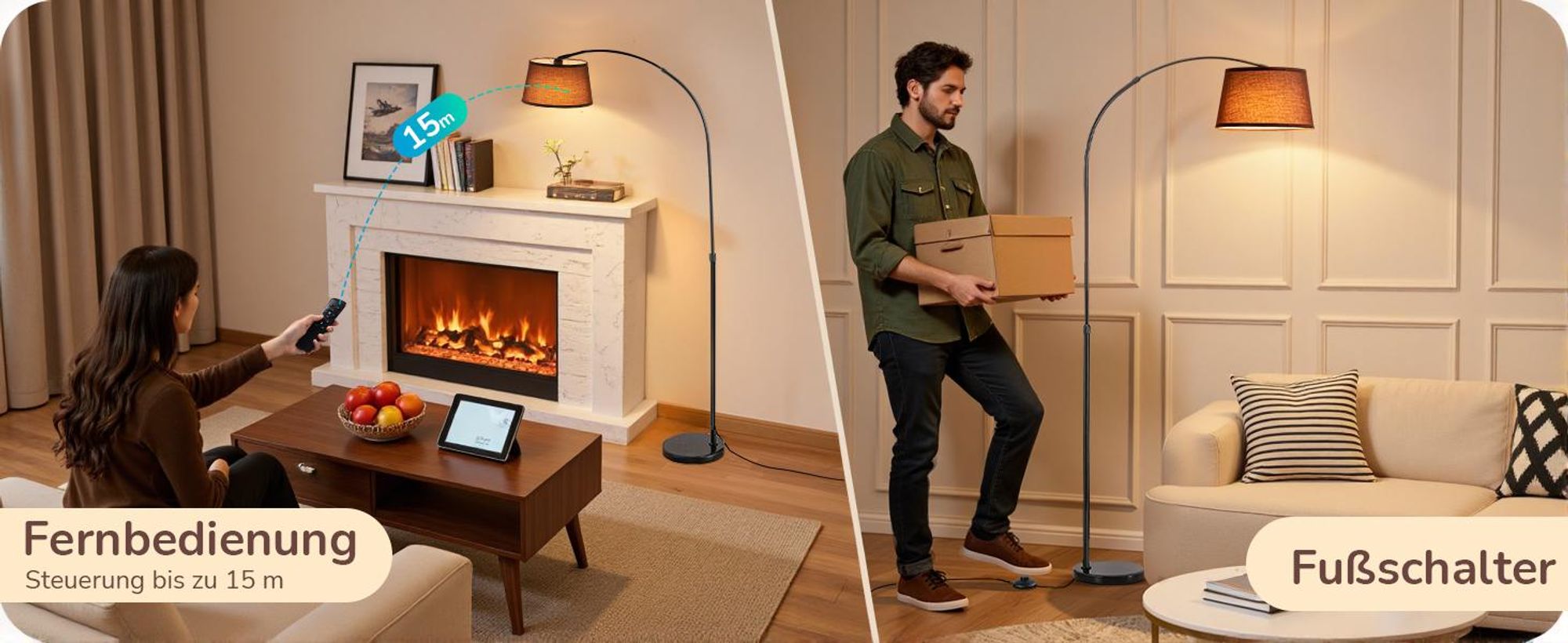 EDISHINE Stehlampe Wohnzimmer Dimmbar, Bogenlampe 143-176cm verstellbar, mit magnetische Fernbedienung, drehbarem Lampenkopf