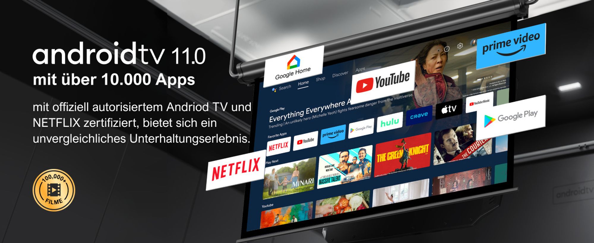 ULTIMEA Beamer Android TV 11.0 mit NETFLIX, 4K Heimkino Beamer Unterstützung 1000 ANSI-Lumen, Dolby Audio, Tragegriffdesign, Poseidon E40 Smart Serie