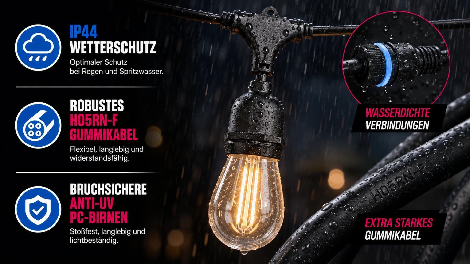 XUDO Outdoor Lichterketten 10m – 2700K Warmweiß – 10 Glühbirnen E27 – Hängelampen – Außenbeleuchtung für Terrasse – Garten – Balkon – Party