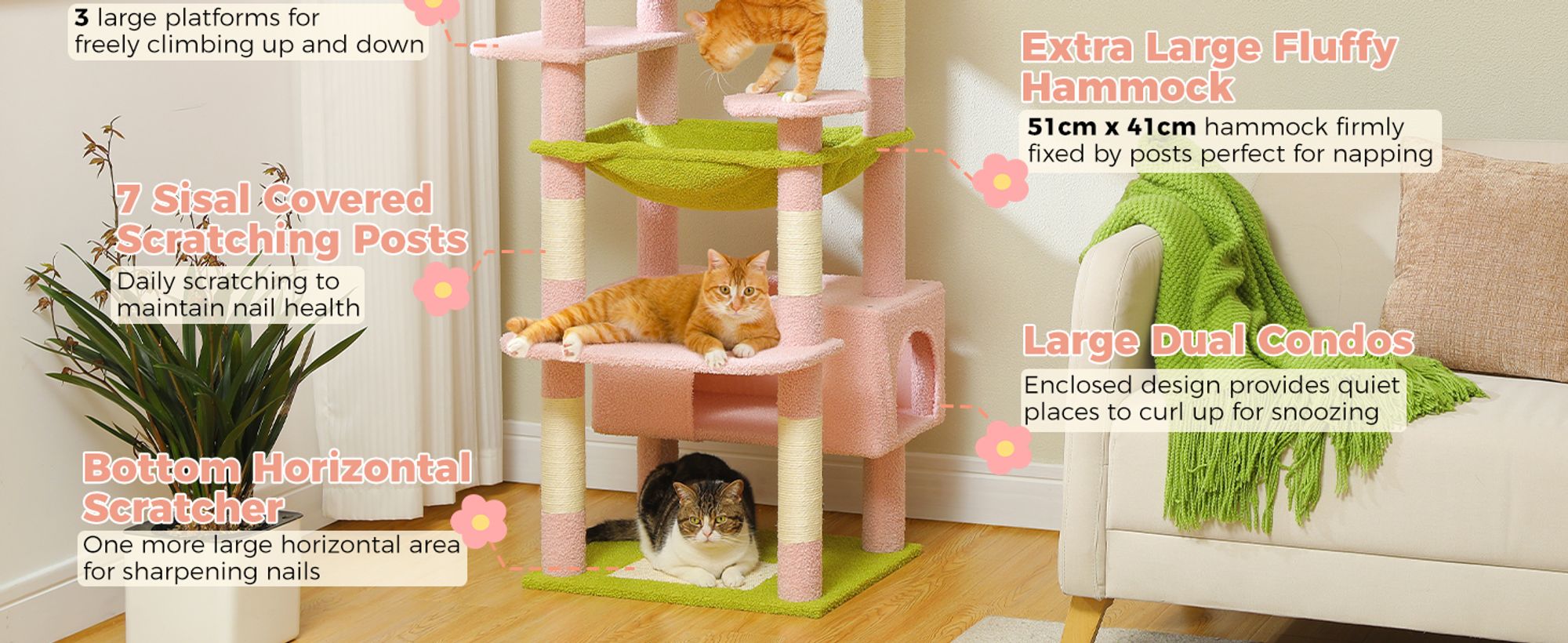 PAWZ Road Kratzbaum Grosse Katzen Stabil, 184 cm Rosa