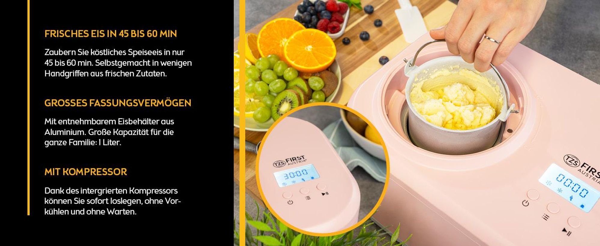 TZS First Austria - Eismaschine 1L 100W - mit Kompressor & Kühlhaltenfunktion - Rosa