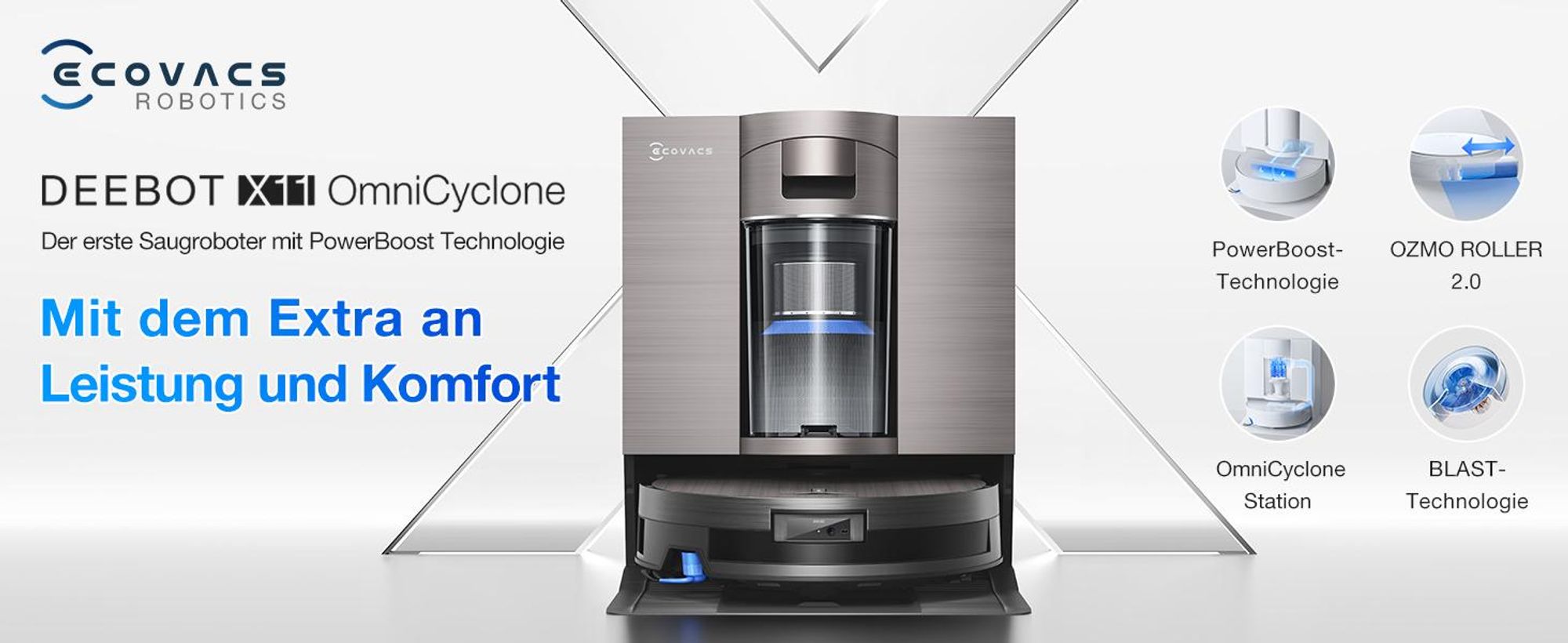 ECOVACS Deebot X11 Omni Cyclone Saugroboter mit Wischfunktion, Staubsauger Roboter mit Blast + 19.500 Pa, PureCyclone 2.0 Auto-Entleerung