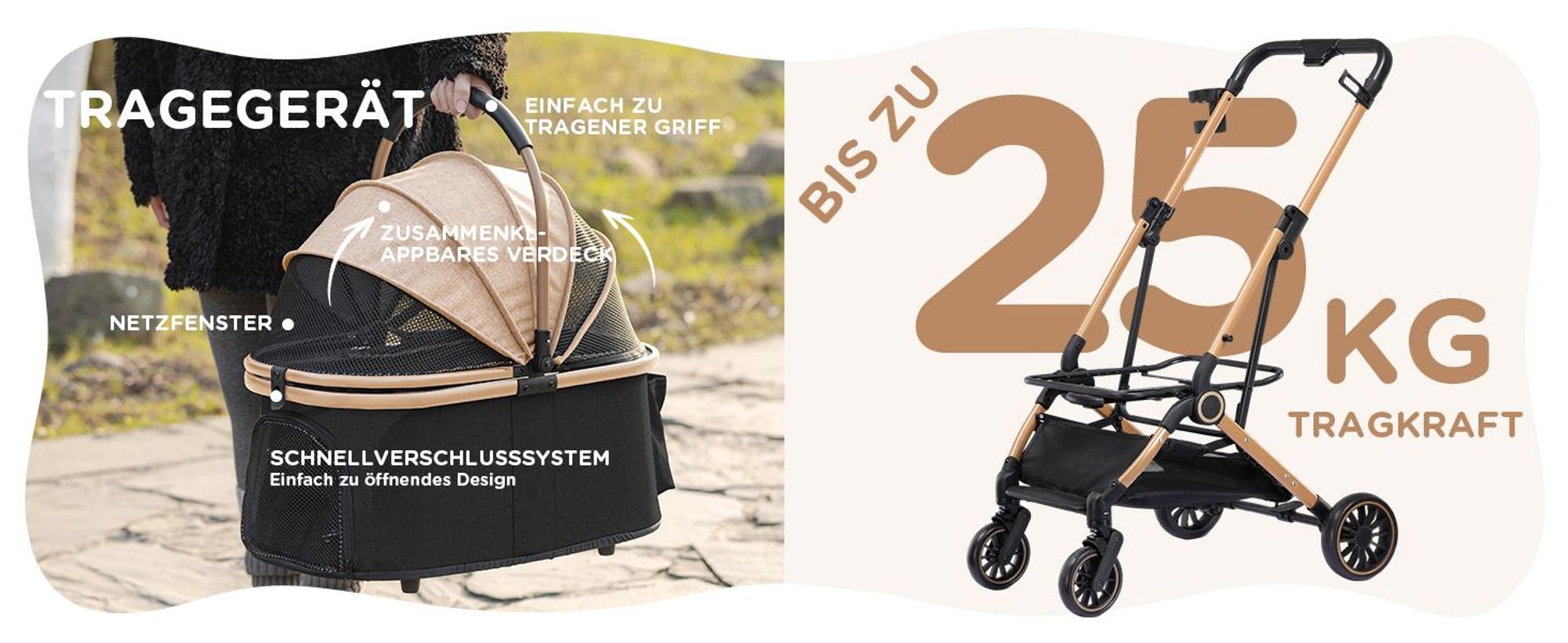 COMHOMA Hundebuggy klappbar bis 25KG, 360°schwenkbares EVA-Vorderrad und Hinterradbremsen, 4-in-1 Hundewagen, Faltbar Katzenwagen Gold