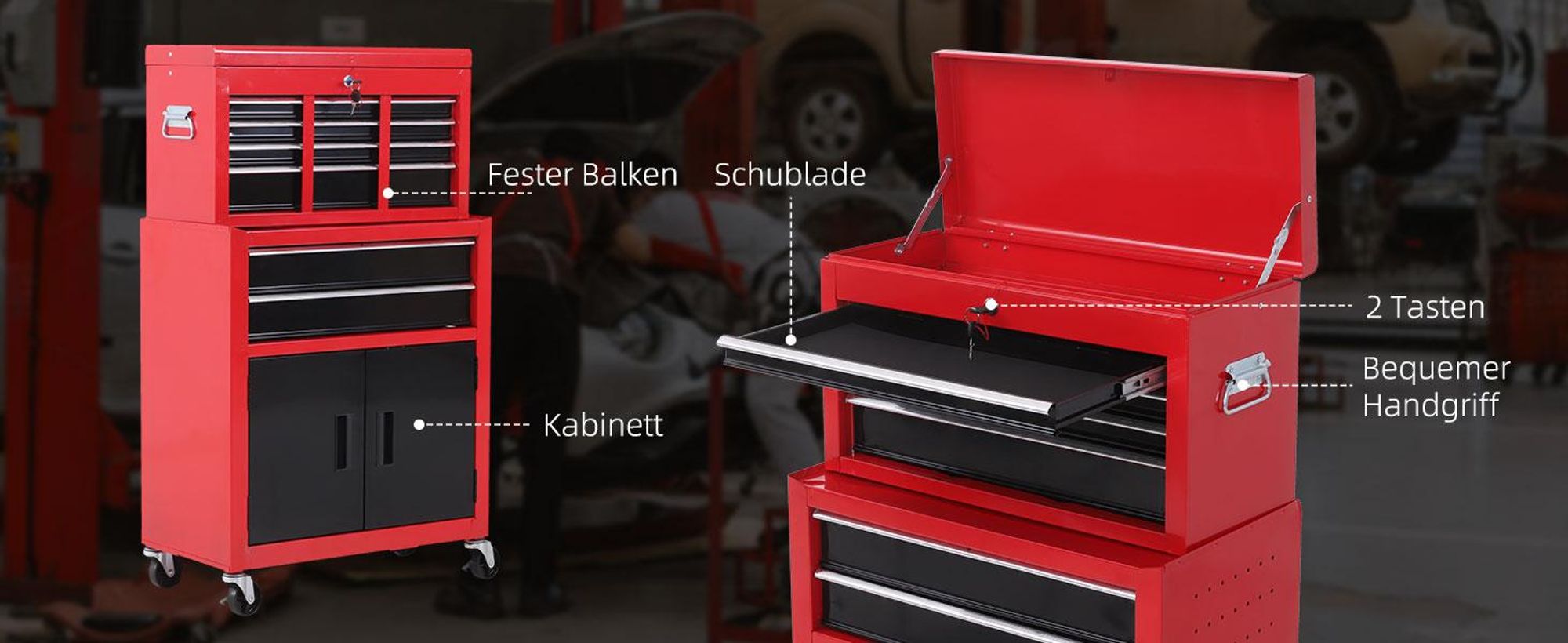 HOMCOM Werkstattwagen mit Werkzeugkasten Werkzeugwagen leer mit 6 Schubladen Rot