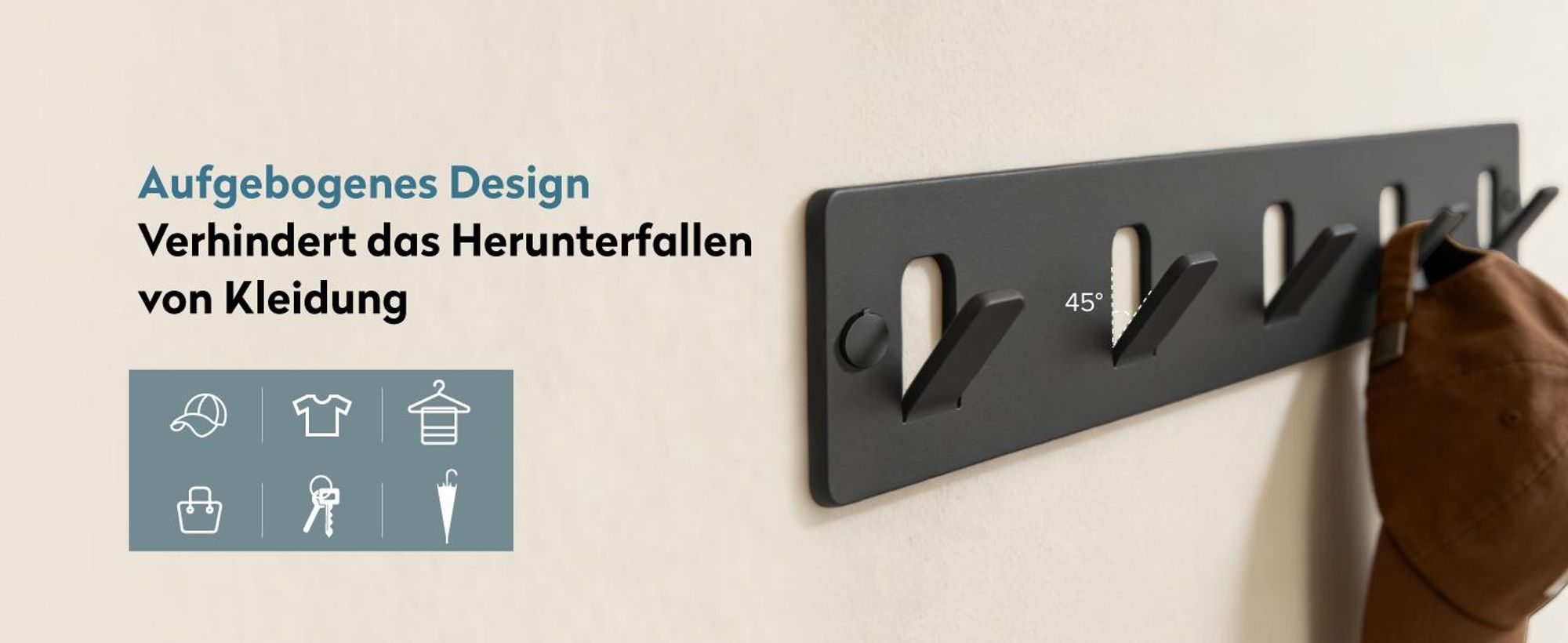 doporro Garderobenleiste mit 5 Haken, Wandgarderobe mit Garderobenhaken, Kleiderhaken Wand, selbstklebend oder zum Bohren, Schwarz, Stalo-14