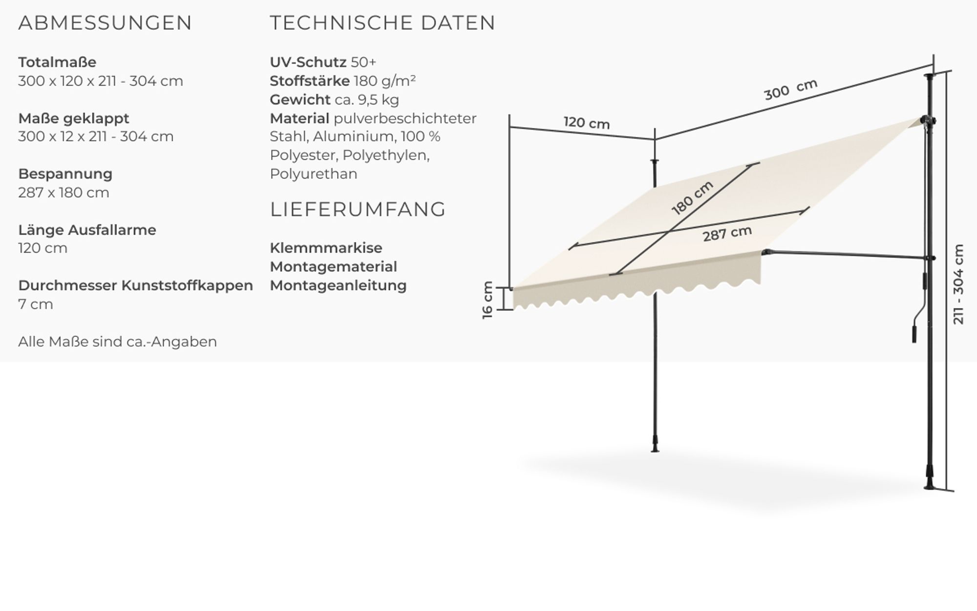 tectake® Klemmmarkise mit Handkurbel einfache Montage