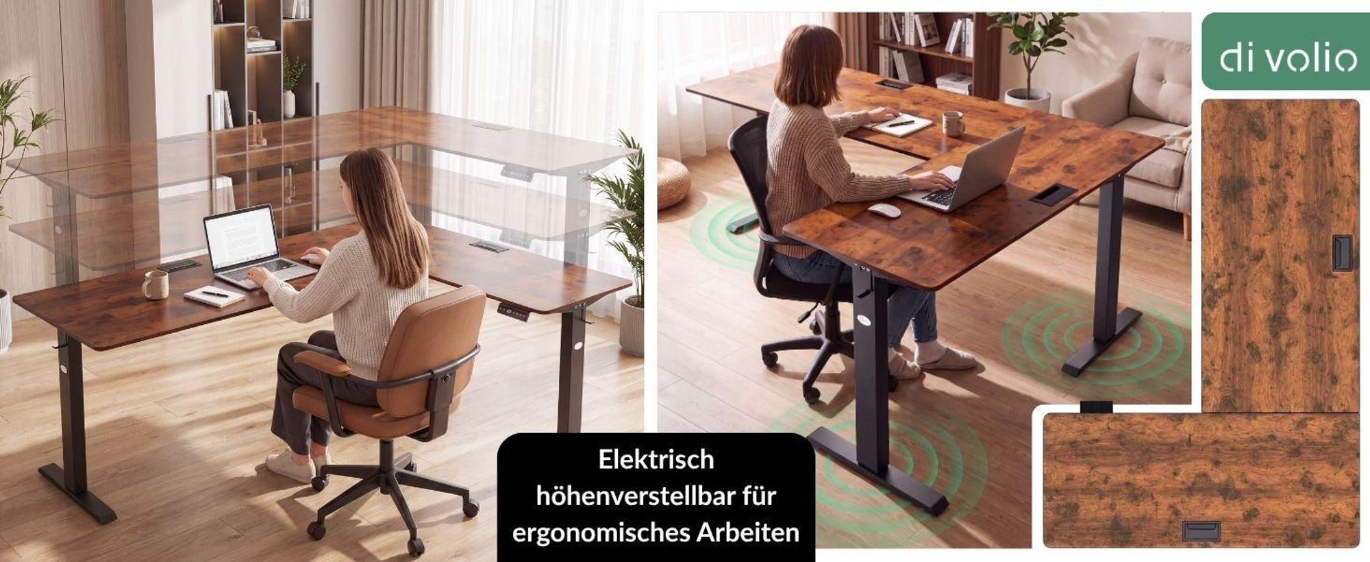 di volio Eckschreibtisch Trani rechts – elektrisch, höhenverstellbar, braun