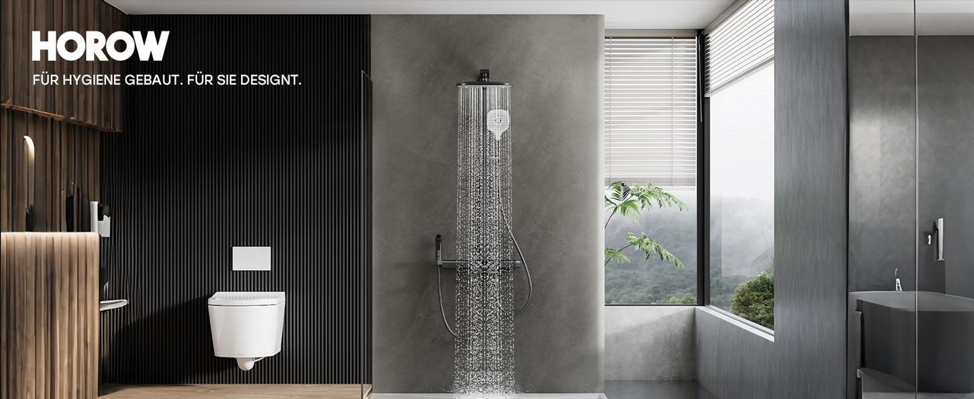 HOROW RainFlexi N2 Duschsystem mit Thermostat, Grau Regendusche Set mit 2 Handbrause, Wasserfallauslauf, Große Kopfbrause, Höhenverstellbar Duschset