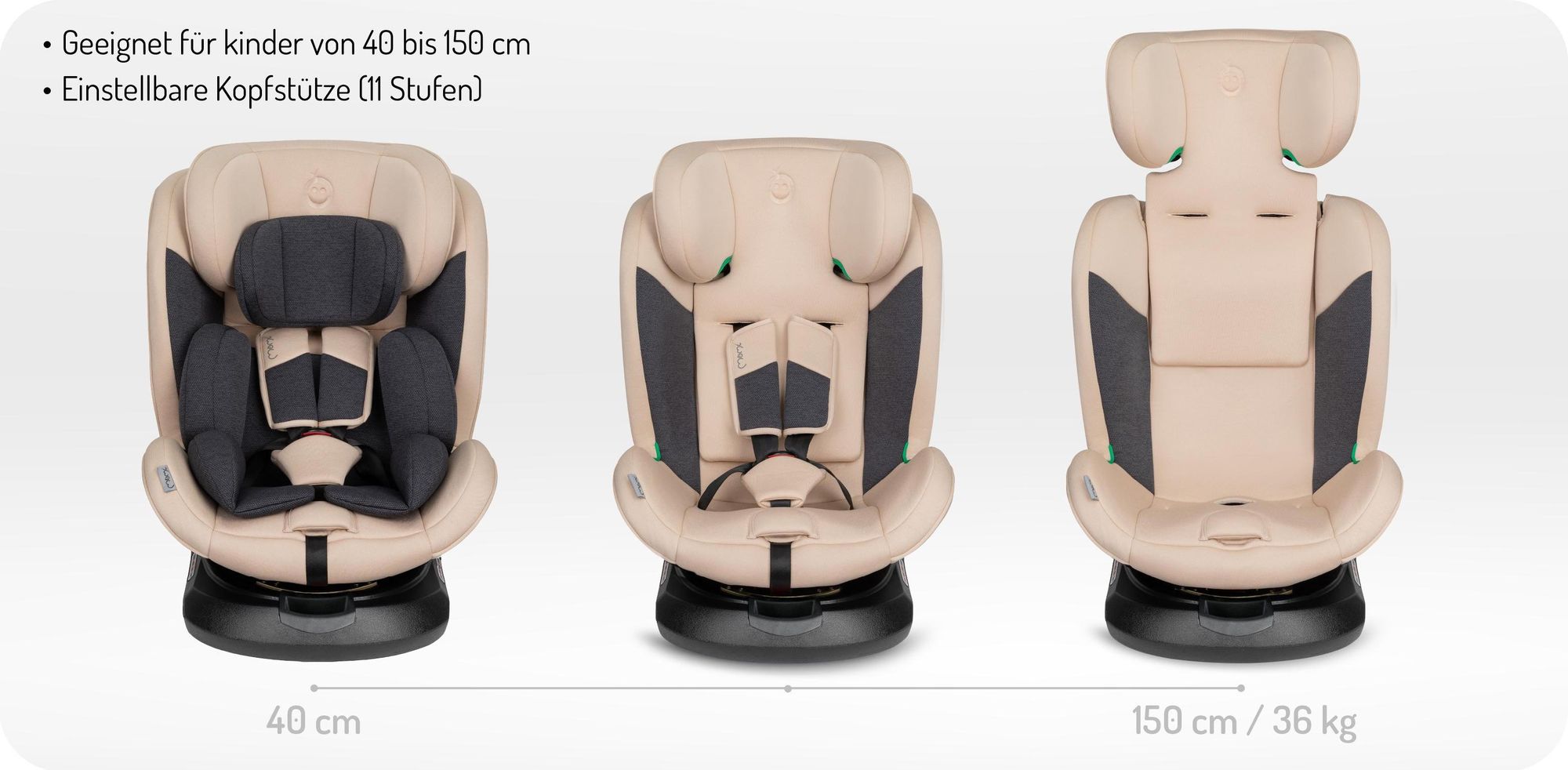MoMi EMI Kindersitze Kinderautositz i-SIZE 0-36kg - 360° Drehbar, ISOFIX, TOP TETHER - Beige