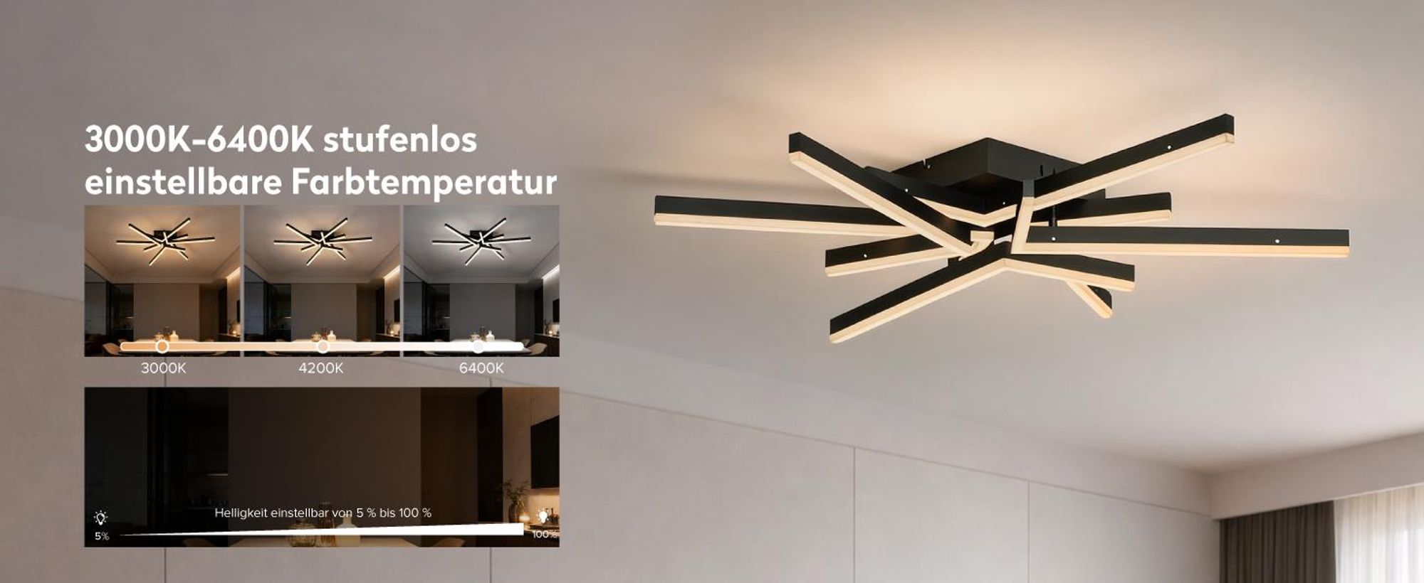 doporro LED Deckenleuchte 72W, 80 cm Deckenlampe für Wohnzimmer oder Küche, einstellbare Farbtemperatur 3000K/4200K/6400K, Sandschwarz Alivetta25038