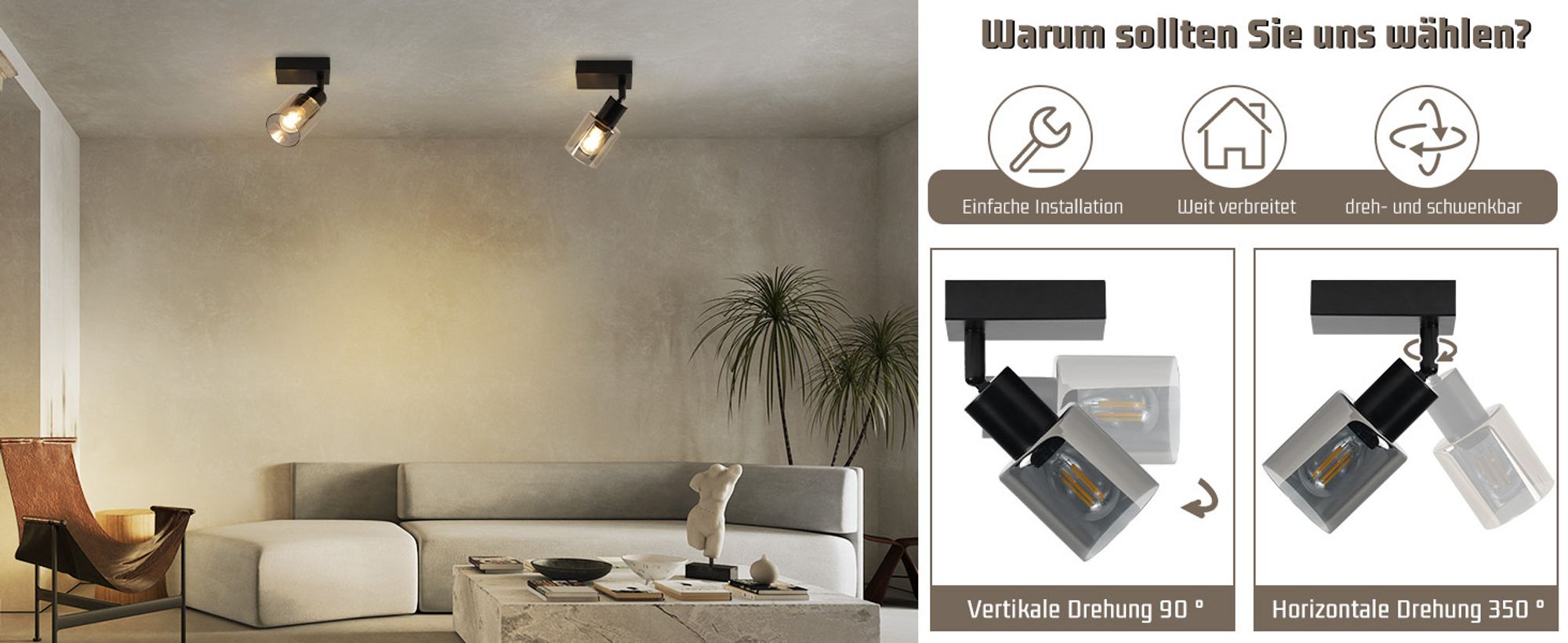 ZMH Deckenstrahler Vintage 1 flammig retro Deckenleuchte Schwarz Industrial Deckenlampe E14 Deckenspots Flur aus Glas Schwenkbar 350° Wandstrahler für Küche Wohnzimmer Ohne Leuchtmittel