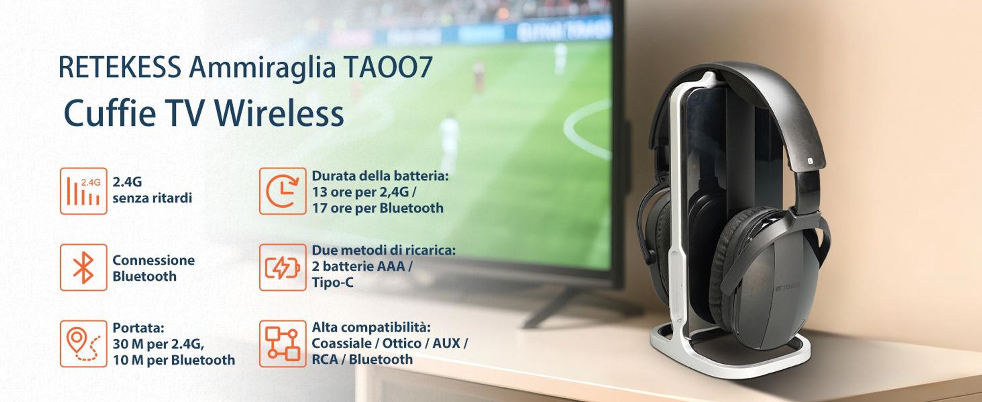 Retekess TA007 Cuffie wireless per TV, stazione di ricarica con trasmettitore a 2,4 GHz, portata 60 m, compatibili con Bluetooth, cuffie per la TV pensate per gli anziani, partita di calcio