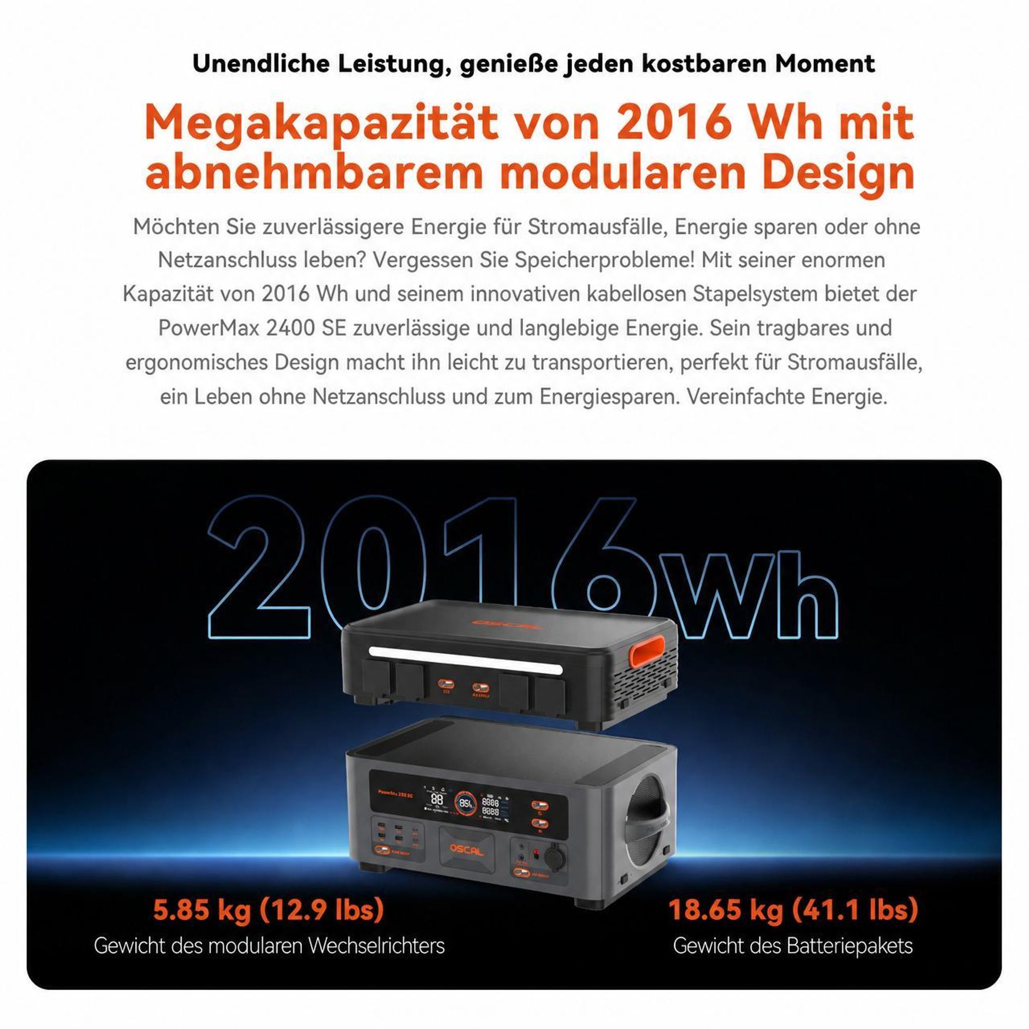 OSCAL PowerMax 2400 SE Trennbare Solarspeicher 2400W Powerstation mit Stereo, Microinverter + PM400Pro Faltbares Solarpanel 400W Mobile Solaranlage