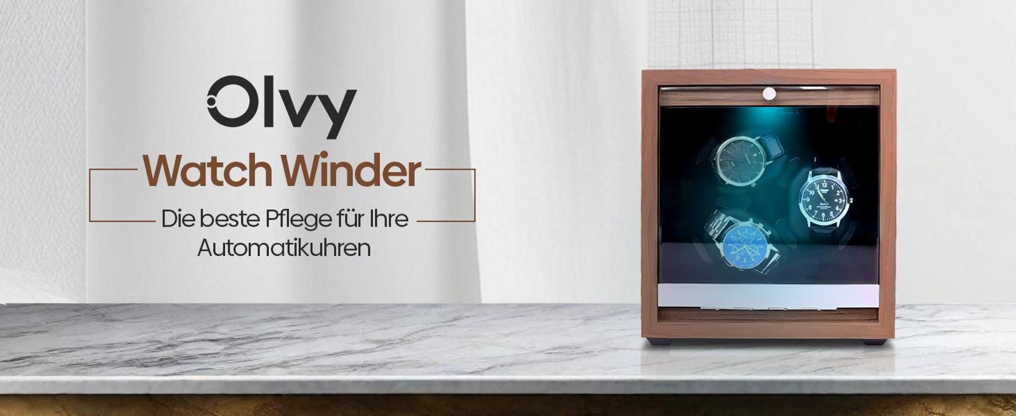 Olvy Uhrenbeweger für 3 Uhren, LED-Beleuchtung, Watchwinder Box Holz, Extrem Leiser Mabuchi Motor, Flexiblem Uhrenkissen, Watch Winder
