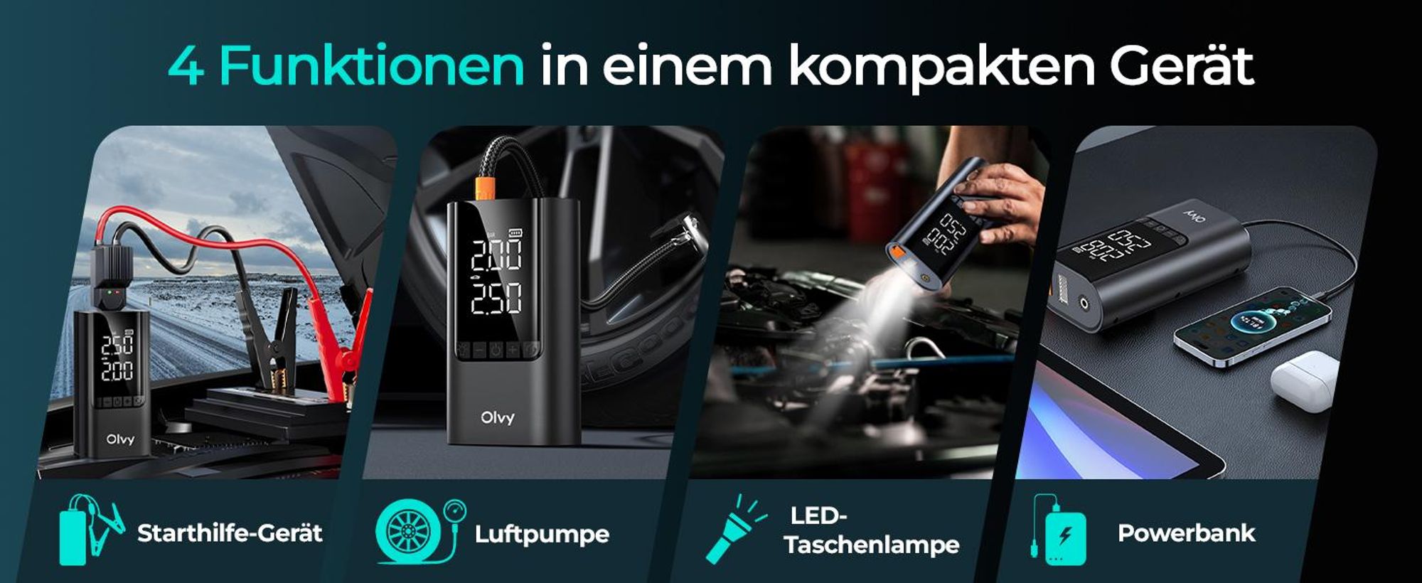 Olvy Starthilfe Powerbank mit Kompressor 6000A – Auto-Starter für 12V Benzin/Diesel, LED-Licht, Jumpstarter, Powerbank, Autobatterie Booster, 12000mAh