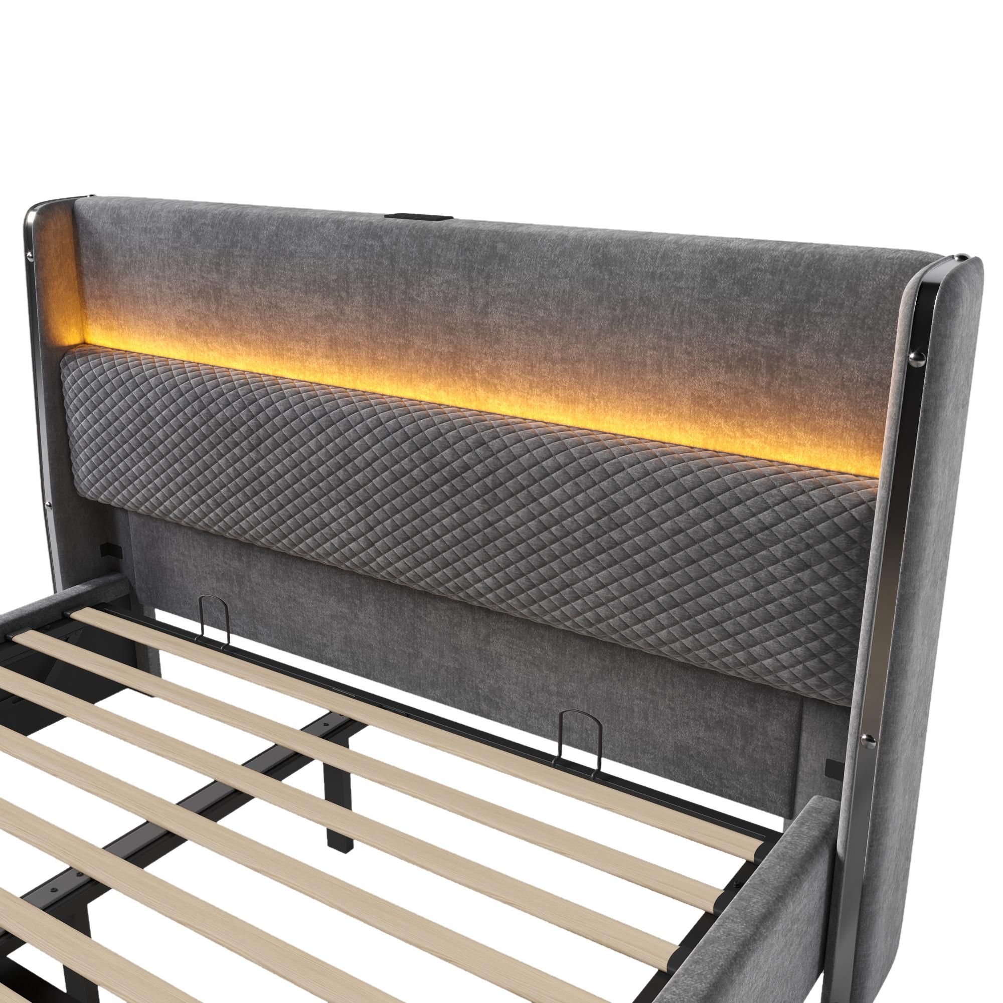 Flieks Hydraulisches Polsterbett 160x200cm mit USB/Type-C-Anschlüssen, Stauraumbett Doppelbett Jugendbett mit Led, Leinen, Grau