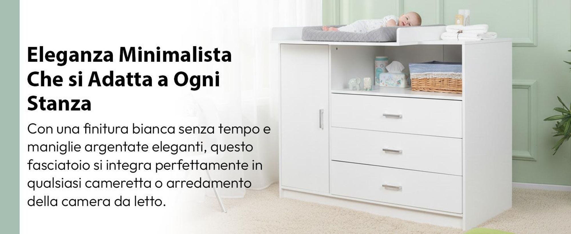 Cassettiera a fasciatoio, in legno, con piano a fasciatoio, 3 cassetti, 1 porta, altezza 100 cm, colore bianco, dimensioni 113 x 100 cm