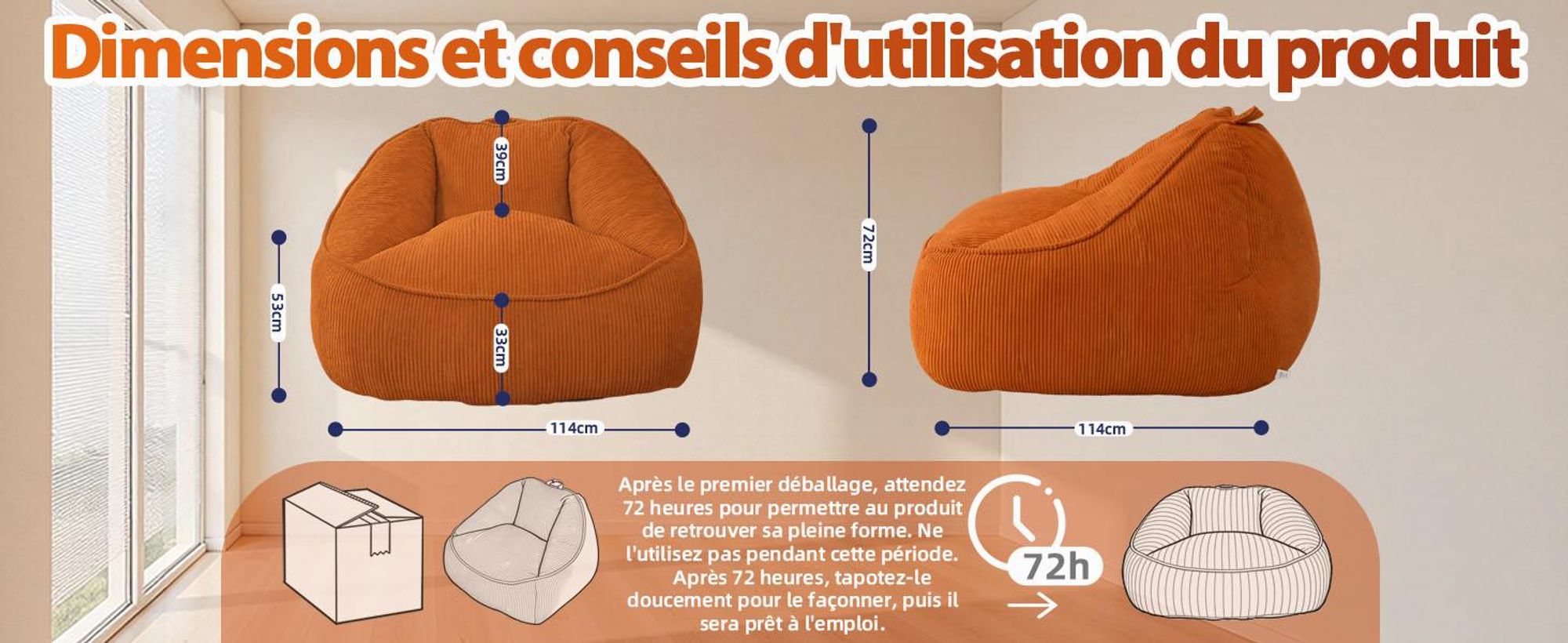 Pouf géant pour adulte, rembourrage en mousse déchiquetée, canapé de sol moelleux, forme poire, orange