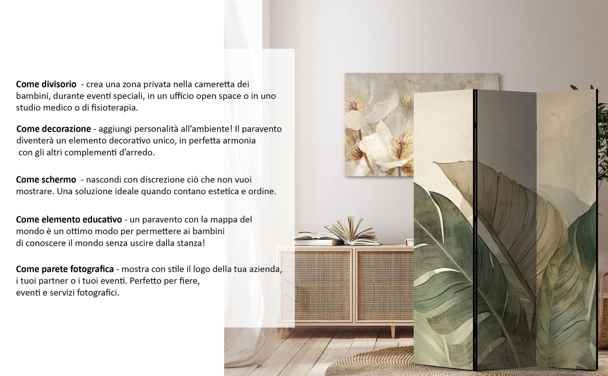 LUMASOUL Paravento su un lato, paravento divisorio per interni, Motivo giapponese, 225x172 cm