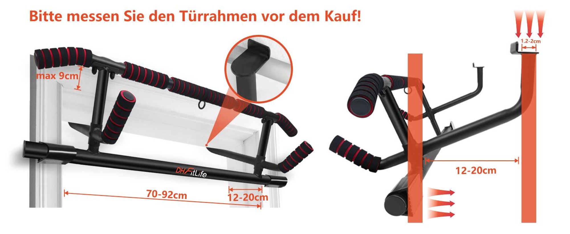 DH FitLife Klimmzugstange Türrahmen ohne Schrauben | Pull up bar Doorway | Reckstange Turnstange Türreck zum Einhängen | inkl. Schlingentrainer | Für Türrahmen 70-92cm