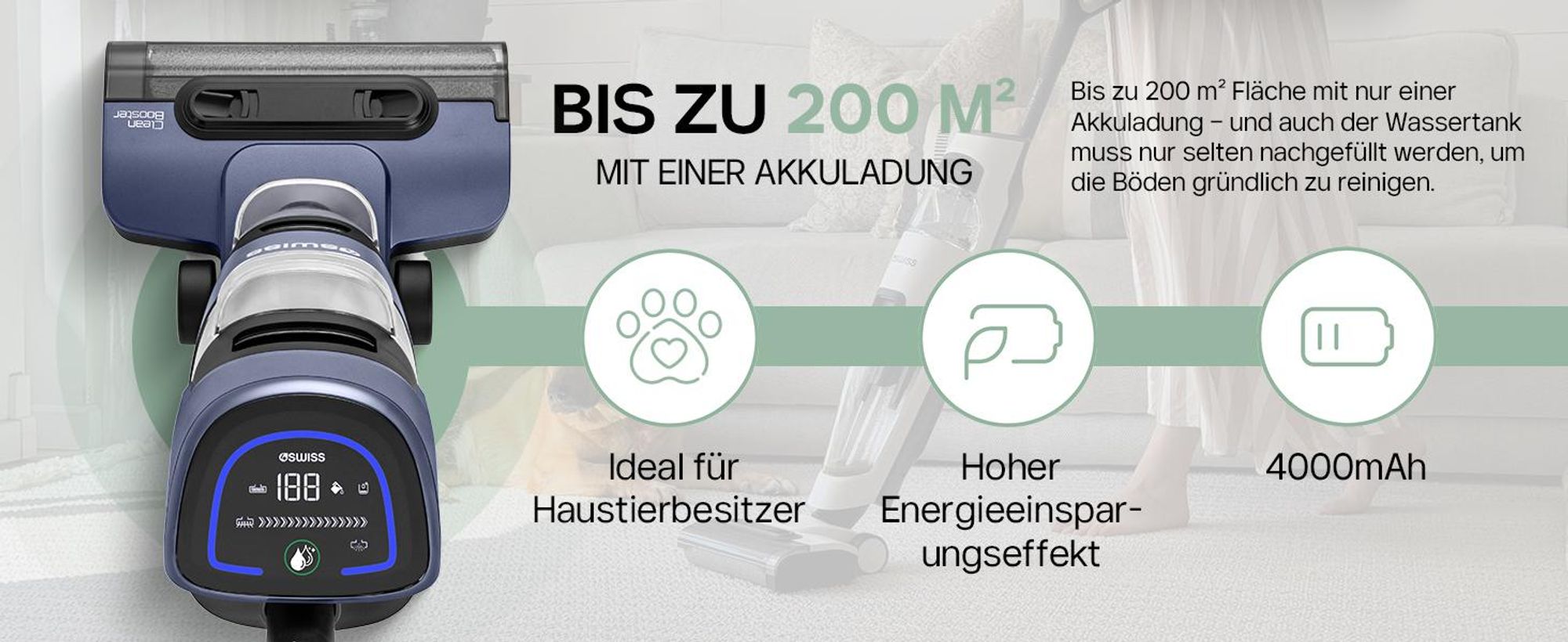 4Swiss VC024 Clean Booster Wischsauger Kabellos Nass & Trockensauger 15000 Pa - Akkusauger mit Wischfunktion Selbstreinigung Smart Saugwischer