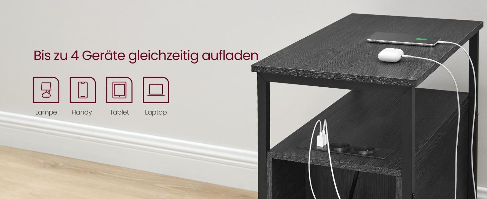VASAGLE Beistelltisch, Nachttisch mit Steckdosenleiste, 2 Schubladen