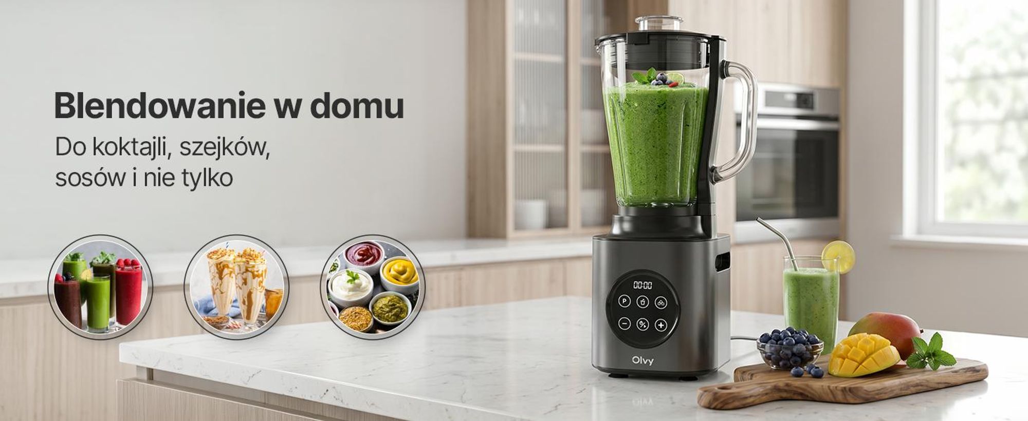 Blender kielichowy Olvy 1000W, dzbanek szklany 1,5L, kubek Tritan 600ml, 9 prędkości, Pulse, kruszenie lodu Funkcja smoothie i koktajli mlecznych