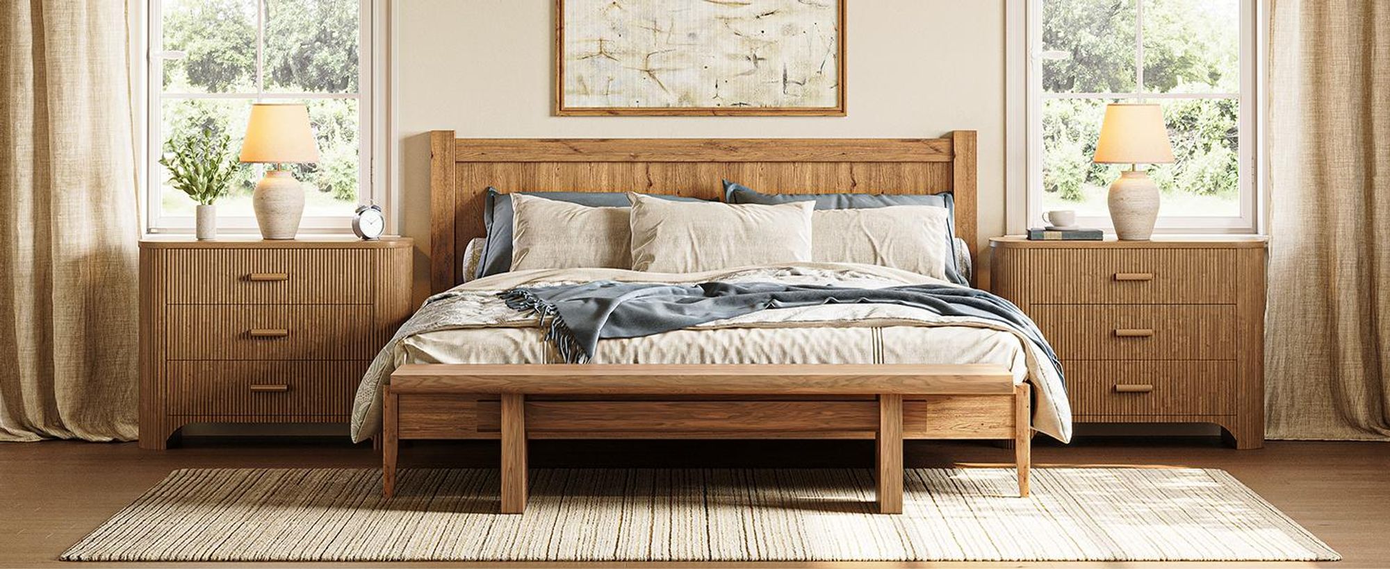 Nachttisch, breiter Nachttisch mit 3 Schubladen, übergroßer Beistelltisch mit geriffelter im Mid-Century-Modern-Stil