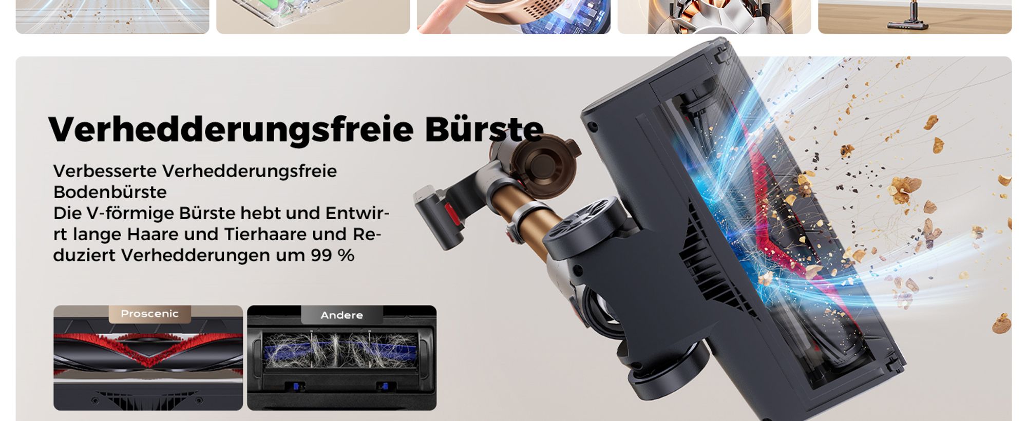Proscenic ​​Handstaubsauger, Akku-Staubsauger,40kPa/450W starke Saugkraft, 40 Minuten, mit grünem Licht, 5-in-1 Filtersystem,für Kleine Wohnung