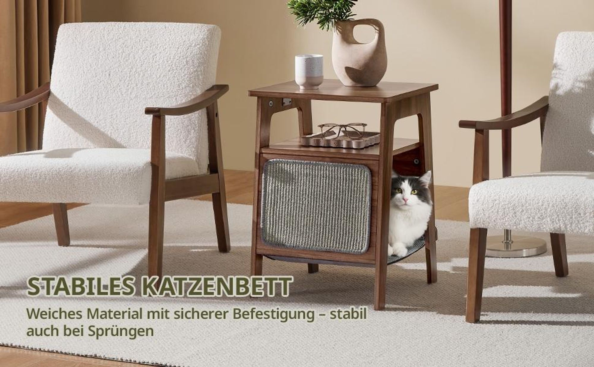 Yaheetech Beistelltisch mit Katzenbett & Kratzbrett, Nachttisch mit Katzenhaus, Katzenmöbel, Nussbaum Braun