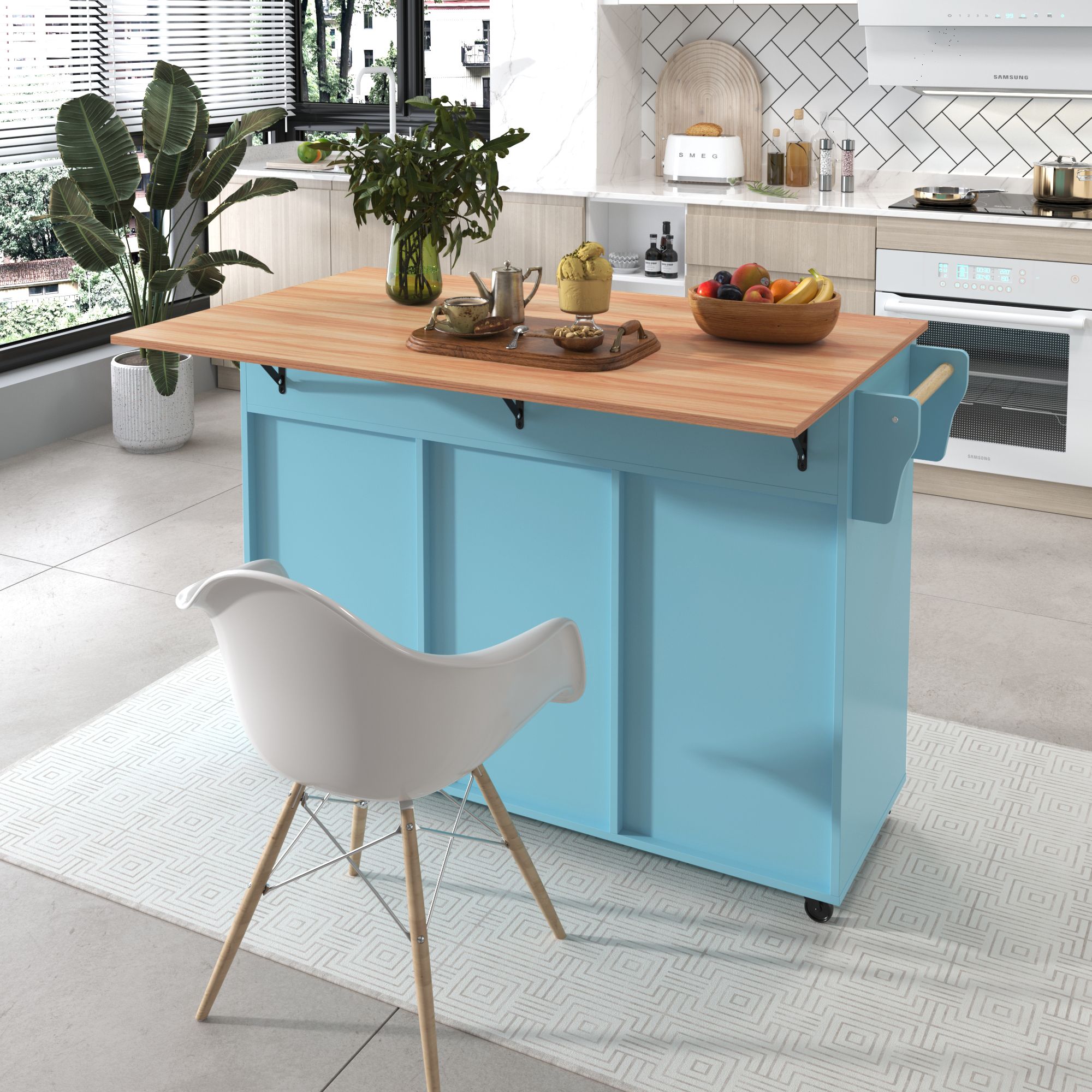 Flieks Servierwagen Kücheninsel mit 2 Schubladen, Küchentrolley Speisewagen mit Klappbar Arbeitsplatte, Küchenwagen mit Regal, 129x46-71x91.5cm, Blau