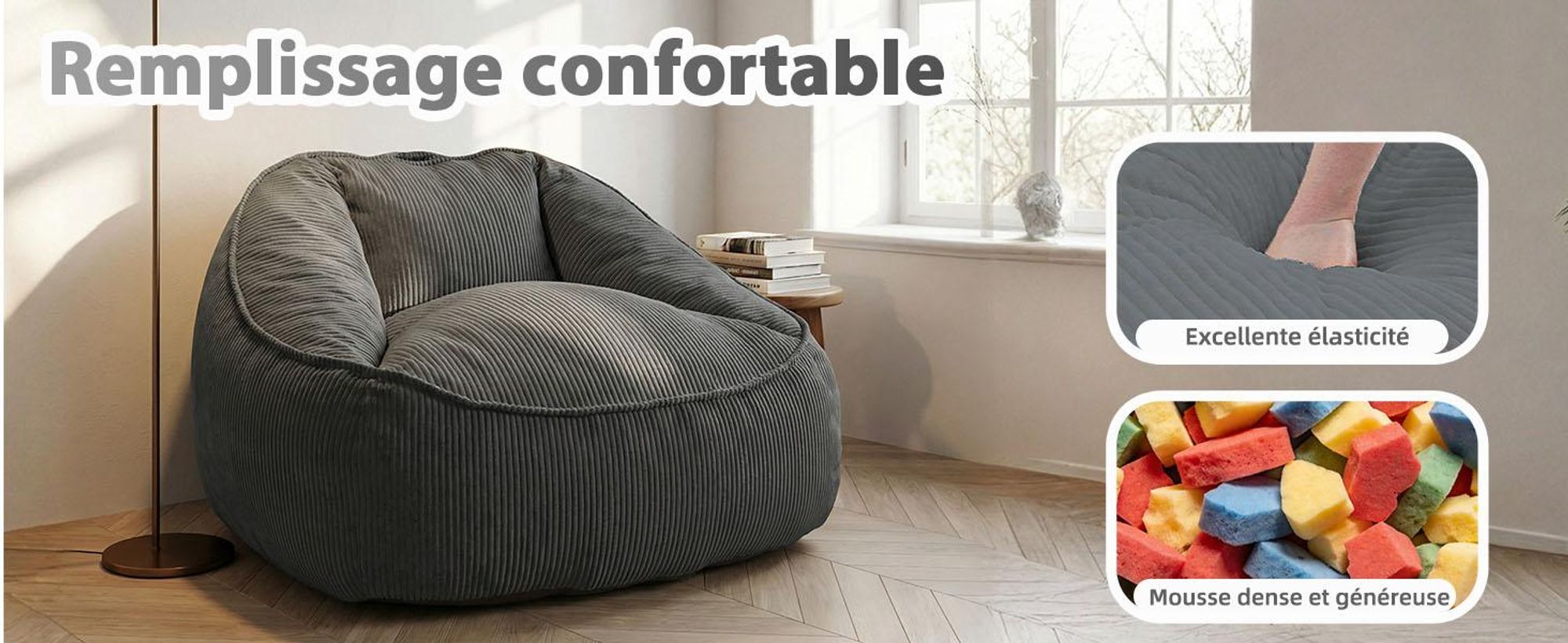 Pouf géant pour adulte, rembourrage en mousse déchiquetée, canapé de sol moelleux, forme poire, gris