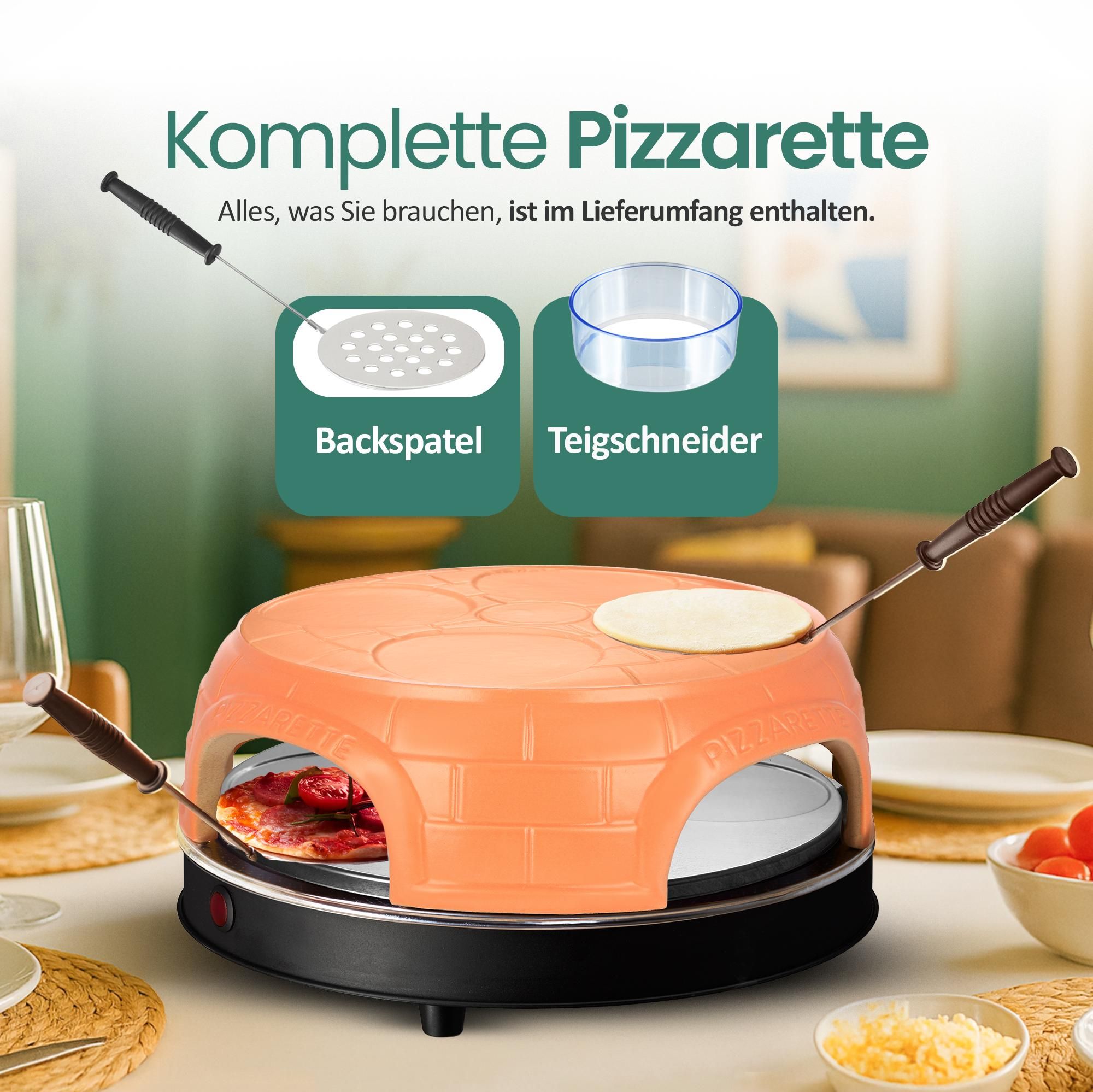 Emerio Pizzarette Original – Pizzaofen für 4 Personen – Pre-Bake-Funktion – handgefertigte Terrakotta-Kuppel – PO-115847.1 – 1000 W