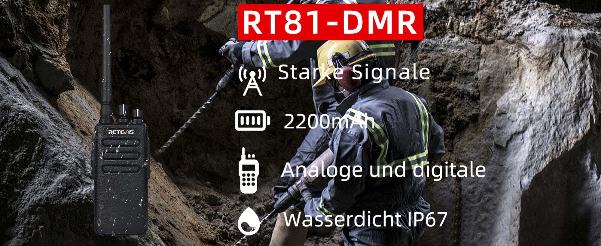 Retevis RT81 Funkgeräte Große Reichweit, DMR Radio, IP67 Wasserdicht, Digital Analog Klarer Klang, 2200mAh Industrial Walkie Talkies für die Fertigung