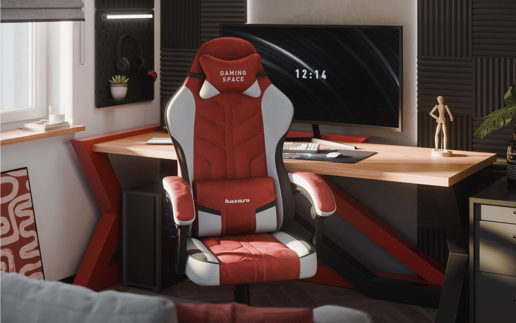 Gaming Stuhl Huzaro Force 2.7 Red – ergonomischer Velours Drehstuhl mit verstellbarer Rückenlehne, Lendenkissen und Kopfstütze, bis 140 kg