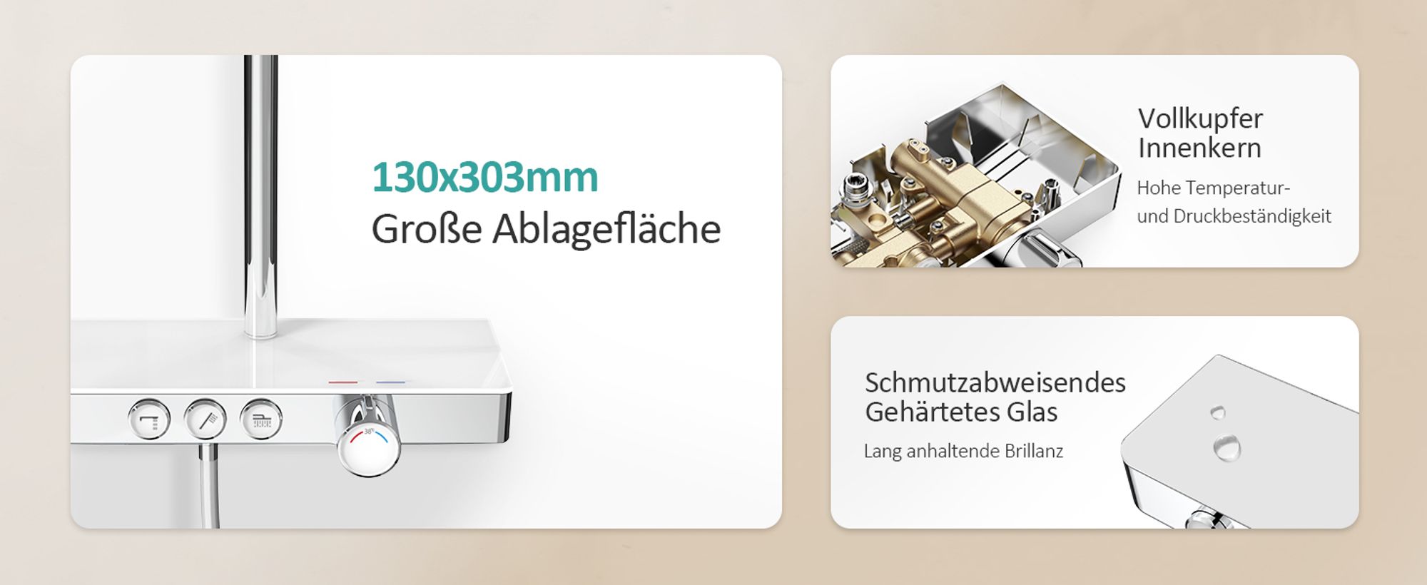 EMKE Duschsystem mit Thermostat 1146x450x480mm Glasablage Handbrause mit 3 Strahlarten Regendusche, Bad- & Duscharmaturen, KTW-, Chrom F10