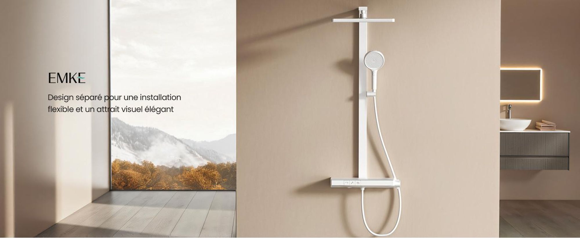 EMKE Système de douche avec thermostat, pommeau de douche à effet pluie 36x24cm, douche à effet pluie avec support en verre, douchette à main avec 4 jets, robinetterie de salle de bains & douche, blanc mat