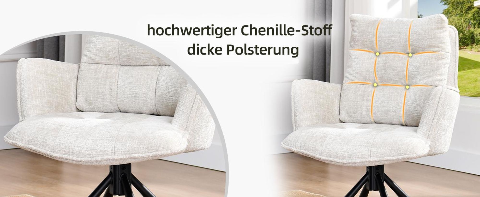 Duhome Esszimmerstuhl 360° Drehbar Loungesessel 4er Set Chenille Stuhl mit Rückstellfunktion für Büro Küche Wohnzimmer Schlafzimmer, Weiß
