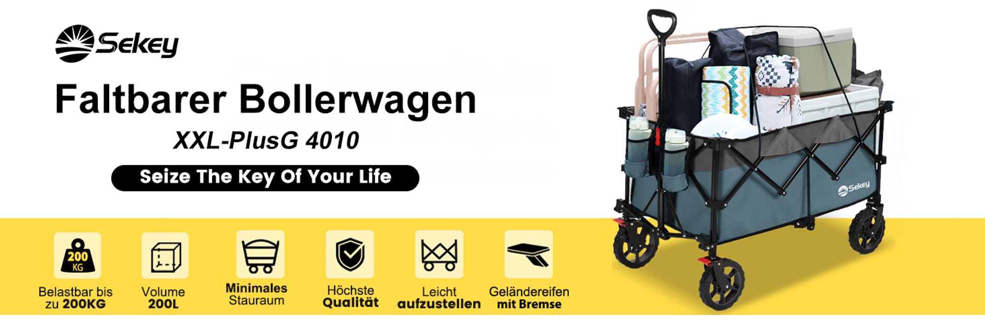 Sekey XXL 200KG Belastbar Bollerwagen Faltbar mit Spanngurte, 17x4 cm Reifen, Blau und Grau
