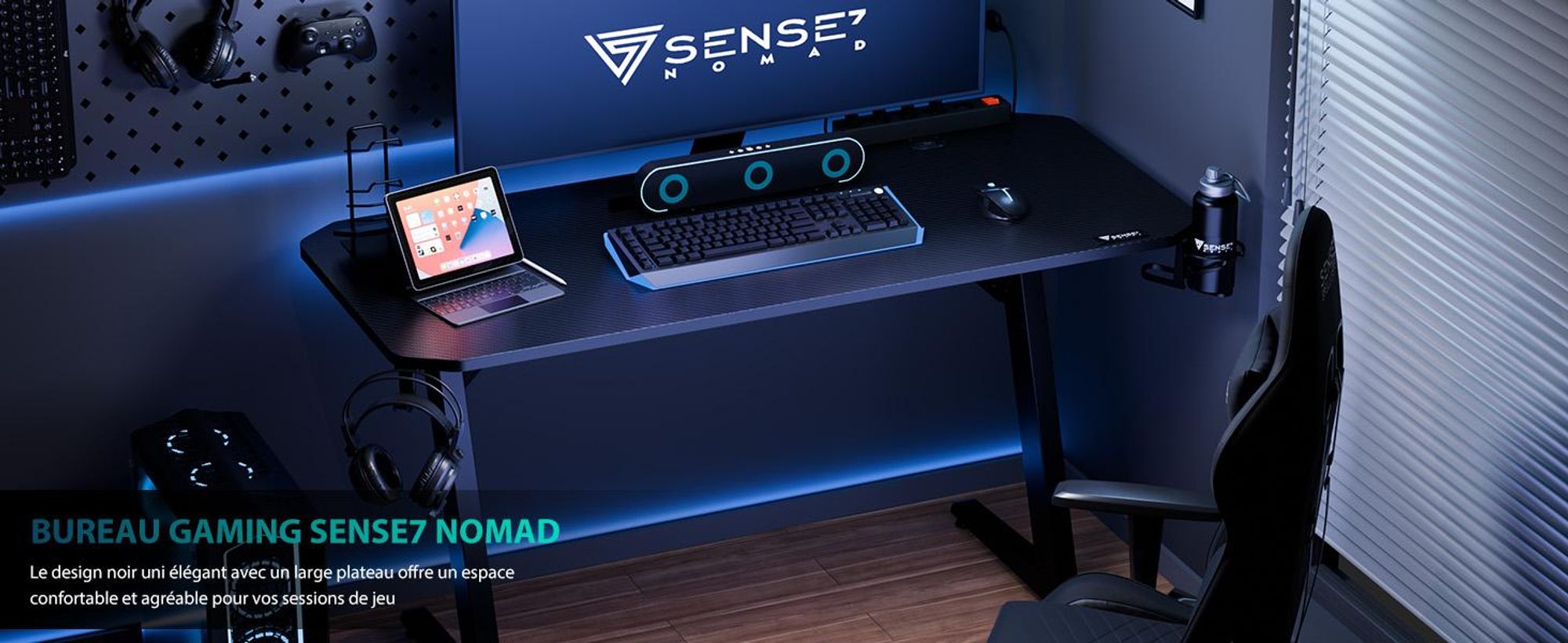 SENSE7 Nomad Basic : bureau gaming 120 x 60 cm, bureau d'ordinateur, bureau PC, bureau pour gamers, aspect carbone, support pour casque, gestion des câbles