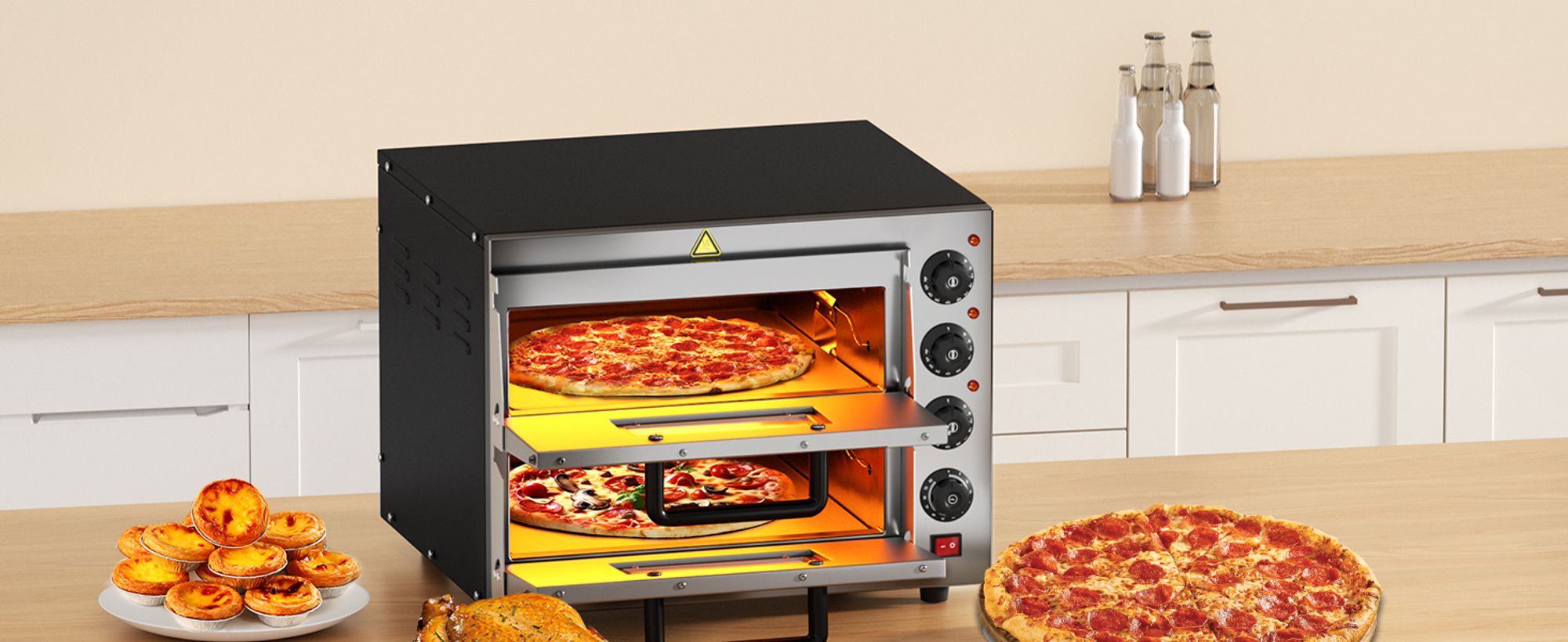 2-Etagen Pizza-Backofen 3000W mit Cordierit Stein für Pizza wie aus dem Steinofen Pizzaofen Backofen