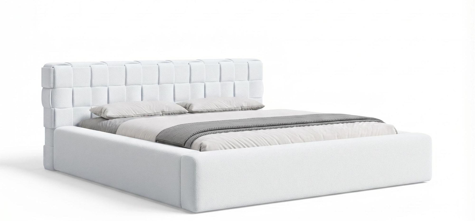 Chilly Möbel Design Bett Cube - Geometrisches Polsterbett mit Stauraum, Lattenrost und stabilem Metallrahmen 180x200 cm / Bouclé / Weiß