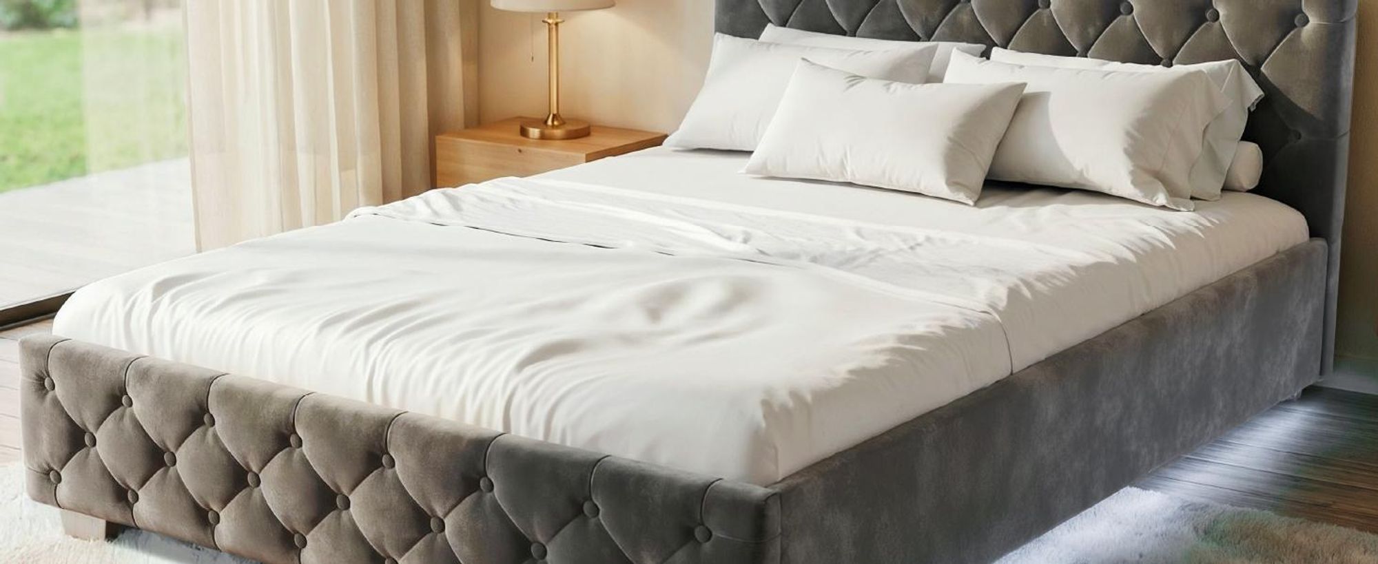 Juskys Polsterbett Nizza 140x200 cm Grau - Bettgestell mit Lattenrost, Stauraum & LED Beleuchtung - Bett mit Samtbezug & Chesterfield-Steppung