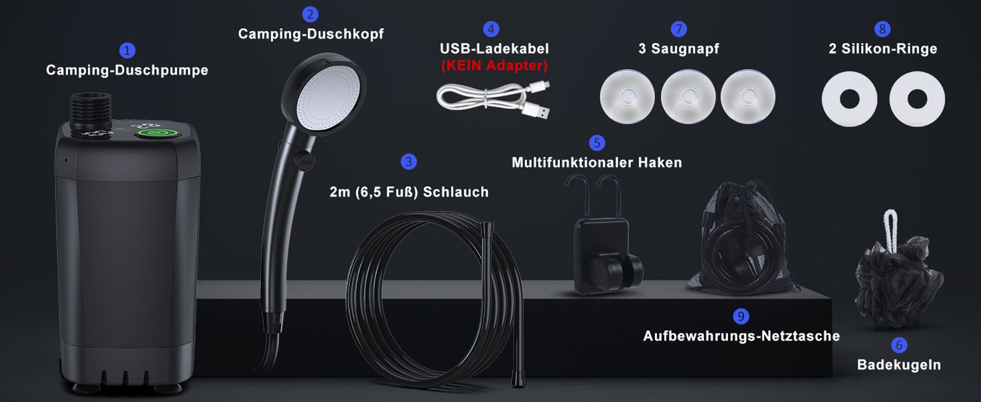 Tragbare Campingdusche,[6000 mAh] ,Pump- und Temperaturanzeige,mit Duschkopf und 2 m Schlauch für Garten, Waschen des Autos, Strand, Camping, Haustier