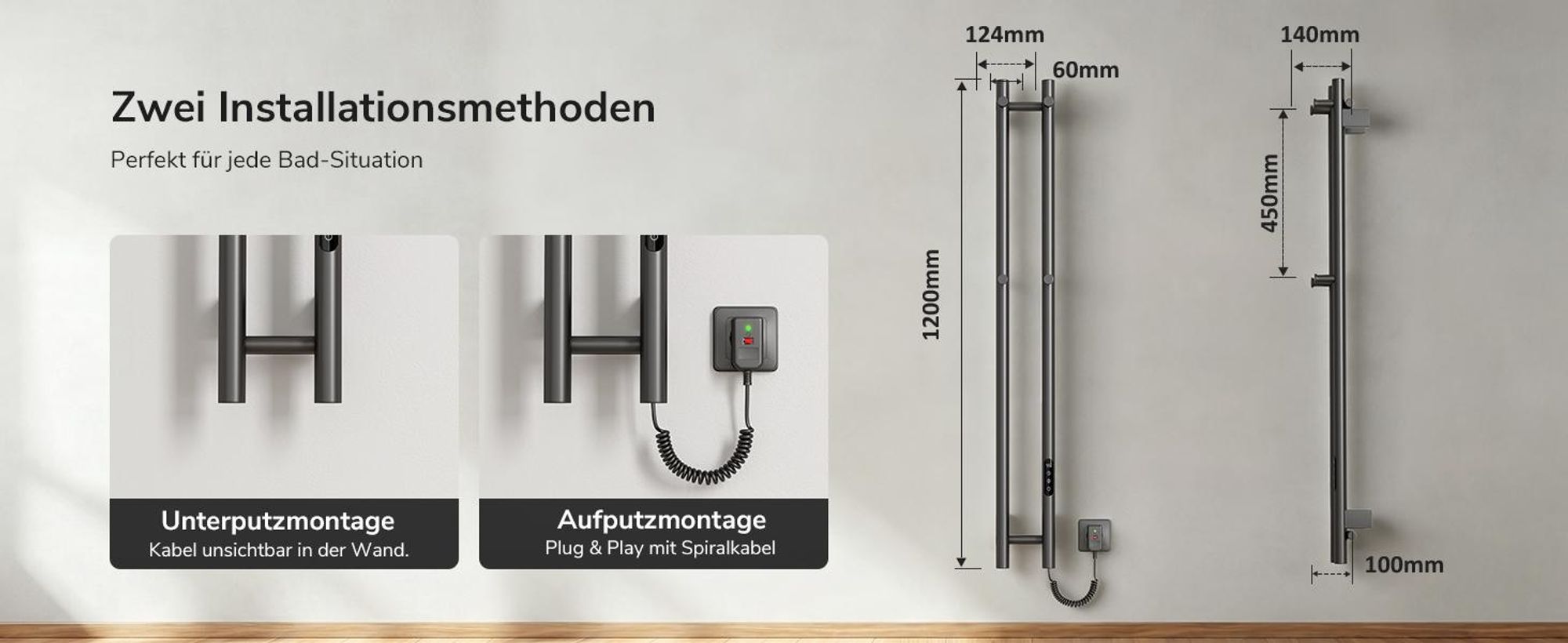 Heilmetz Elektrischer Handtuchheizkörper Smart WLAN Handtuchtrockner 120x12 cm mit Timer, Platzsparend, Gunmetal Grau, 145W Mit / Ohne heizstab