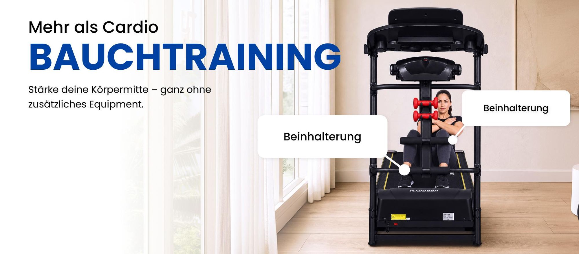 URBOGYM V550M elektrisches Laufband mit Massagegurt, Bauchtrainer, 15 km/h, 130 kg, 12 Programme, FITSHOW-App, klappbar