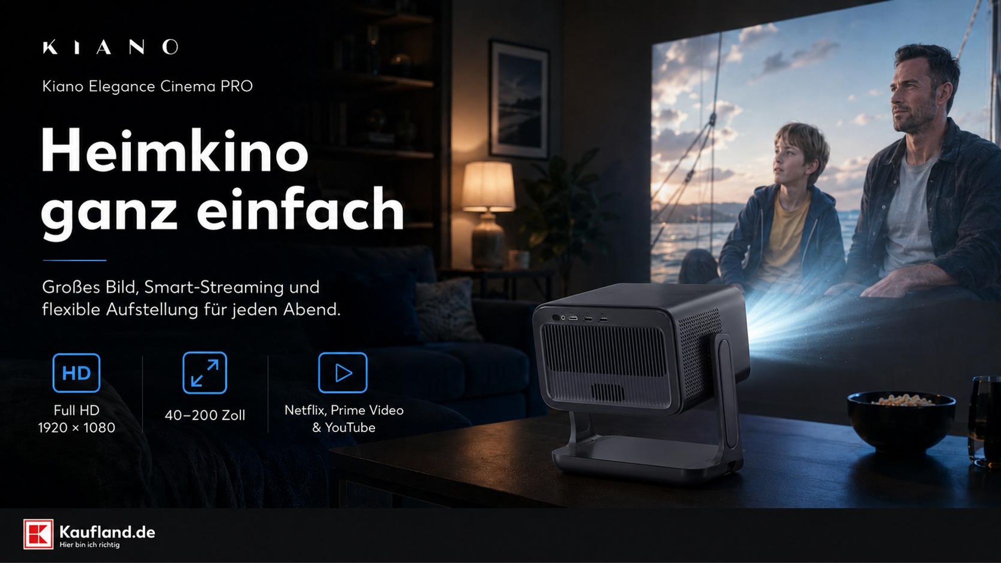 Kiano Elegance Cinema PRO Full HD Smart Beamer Netflix WiFi 6 200 Zoll Bluetooth