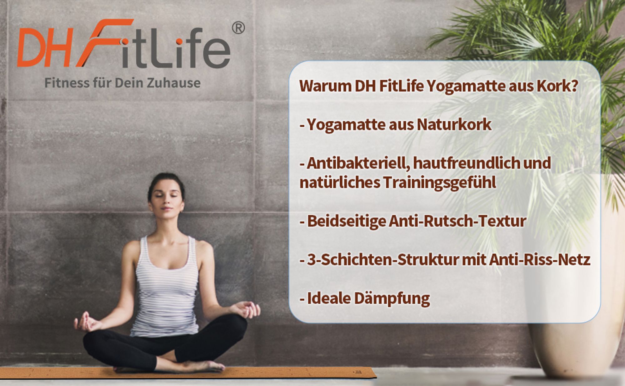 DH FitLife Yogamatte aus Kork & TPE (kleiner Lotos), Gymnastikmatte 183 x 61 x 0,6 cm, Yoga mat Sportmatte Fitnessmatte rutschfest, Yoga Matte dicker mit Orientierungslinien