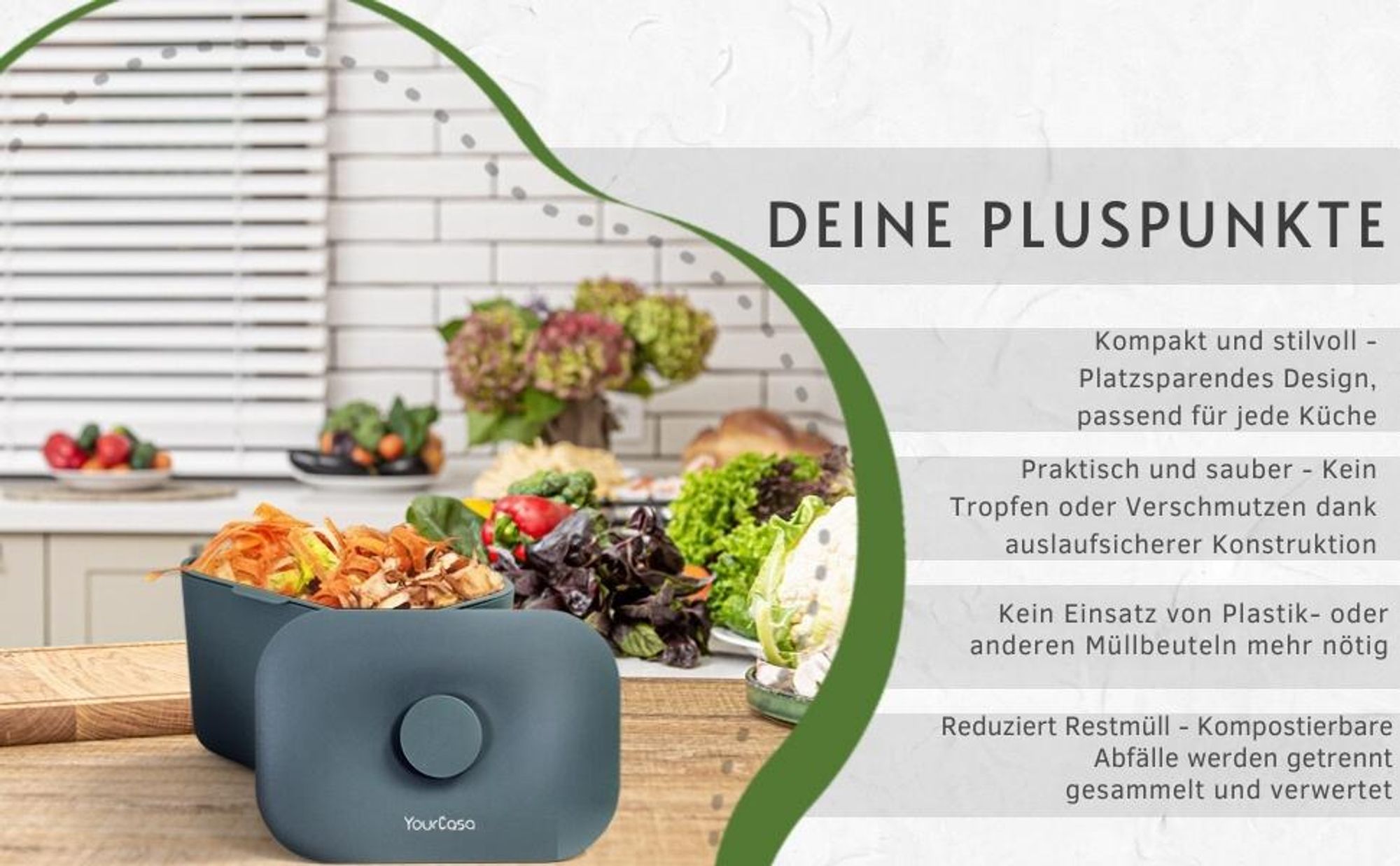 YourCasa Biomülleimer Küche 5L - Komposteimer für alltäglichen Biomüll Spülmaschinenfest mit Sieb & ergonomischen Griff Creme